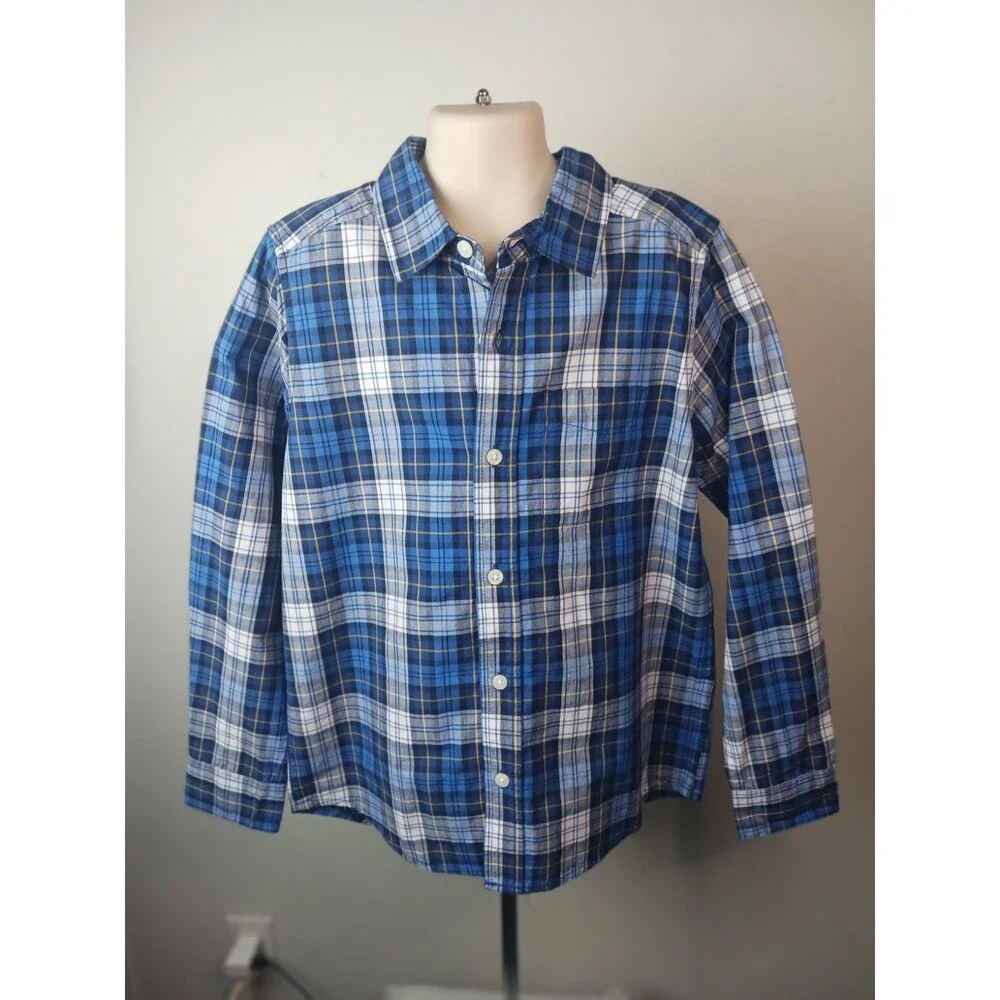 Children’s Place Boy’s Preppy Button Up Plaid Long Sleeve Shirt Blue White  7/8
